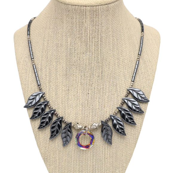 Vintage 925 Artisan Leaf Bib Necklace | Iridescent Crystal & Hematite | 19” - Picture 3 of 12